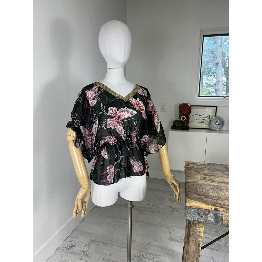 Y2K‎ Slouchy Sheer Butterfly Blouse Juniors XL